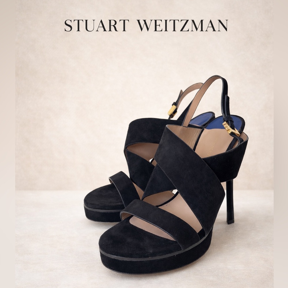 Stuart Weitzman Hester Platform Sandals Black Suede Open Toe Slingback Heels 10M